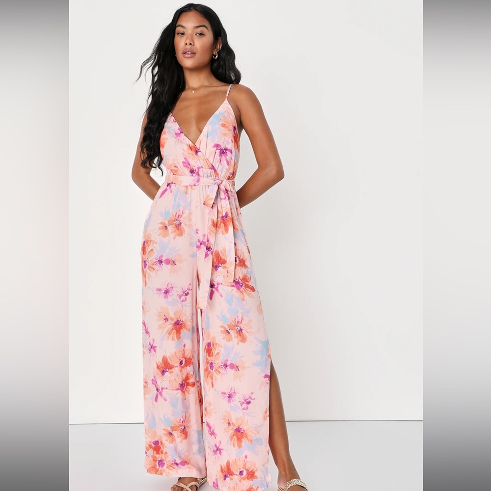 Blush Pink Floral Print Wide Leg Jumpsuit